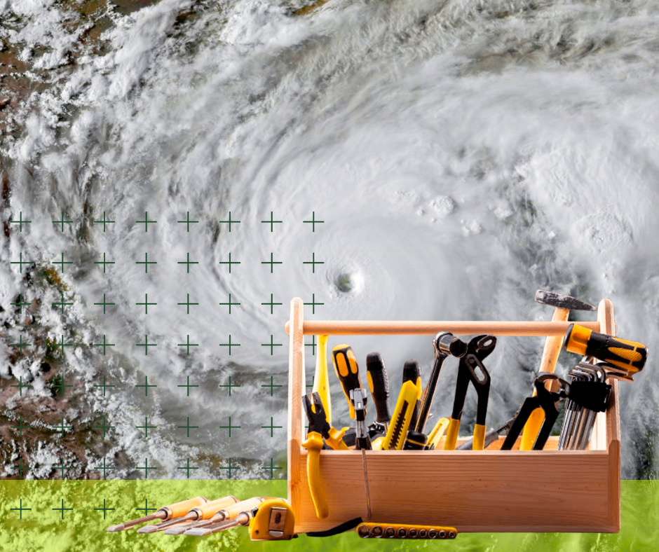 Hurricane satellite view in background with toolbox in the foreground